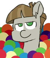 Size: 438x512 | Tagged: safe, artist:threetwotwo32232, mudbriar, earth pony, pony, g4, 30 minute art challenge, ball, ball pit, looking at you, male, solo, stallion