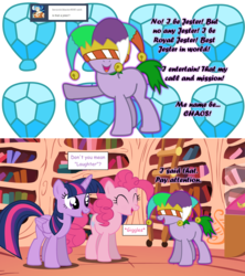 Size: 1280x1444 | Tagged: safe, artist:hakunohamikage, pinkie pie, twilight sparkle, oc, oc:laughter, alicorn, earth pony, pony, ask-princesssparkle, g4, ask, elements of harmony, golden oaks library, hat, jester hat, tumblr, twilight sparkle (alicorn)