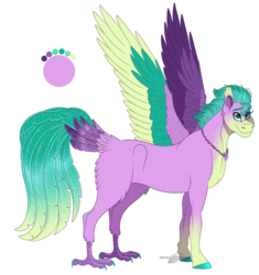 Size: 1072x1140 | Tagged: safe, artist:bijutsuyoukai, oc, oc only, hippalectryon, colored claws, colored hooves, colored wings, interspecies offspring, multicolored wings, offspring, parent:sandbar, parent:silverstream, parents:sandstream, simple background, solo, tail feathers, transparent background