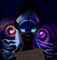 Size: 2600x2750 | Tagged: safe, artist:skitsroom, nightmare moon, alicorn, pony, g4, fangs, female, high res, holding a sign, mare, solo, stars