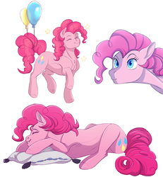 Size: 2788x3018 | Tagged: safe, artist:1an1, pinkie pie, earth pony, pony, g4, balloon, female, happy, high res, mare, pillow, simple background, sleeping, smiling, white background
