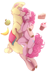 Size: 1945x2888 | Tagged: safe, artist:1an1, paprika (tfh), pinkie pie, alpaca, earth pony, pony, them's fightin' herds, g4, apple, banana, cake, cherry, community related, crossover, cupcake, eyes closed, female, food, hug, mare, paprikapie, simple background, smiling, white background