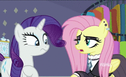 Size: 886x540 | Tagged: safe, edit, edited screencap, screencap, fluttershy, rarity, pony, fake it 'til you make it, g4, animated, female, fired, fluttergoth, goth, loop, perfect loop, sound, startled, webm