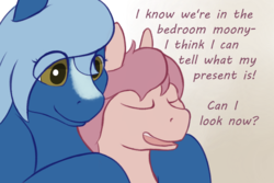 Size: 1800x1200 | Tagged: safe, artist:heftyhorsehostler, part of a set, oc, oc only, oc:full moon, oc:honeysuckle, changeling, a changeling's guide to large horse care, birthday, birthday gift, changeling oc, dialogue, disguise, disguised changeling, eyes closed, female, gradient background, lesbian, oc x oc, part of a series, shipping, size difference, this will end in weight gain