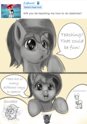 Size: 1050x1500 | Tagged: safe, artist:sketchiepone, oc, oc only, oc:sketchiepone, pony, ask, dialogue, female, mare, simple background, sketch, smiling, solo, speech bubble, text, thinking, tumblr