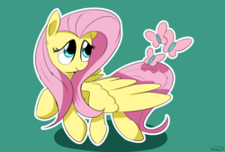 Size: 3496x2362 | Tagged: safe, artist:taurson, fluttershy, butterfly, pegasus, pony, g4, female, green background, high res, looking at something, looking away, looking up, mare, outline, simple background, smiling, solo, spread wings, turned head, wings