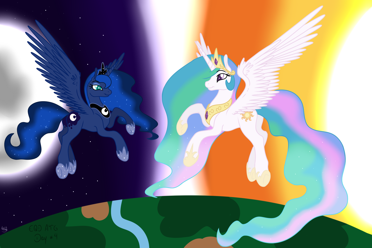 safe, artist:akashasi, princess celestia, princess luna, pony, moon, sun.