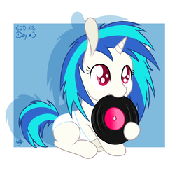 Size: 1500x1500 | Tagged: safe, artist:akashasi, dj pon-3, vinyl scratch, pony, g4, cute, daaaaaaaaaaaw, female, filly, nom, record, solo, younger