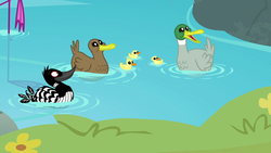 Size: 1280x720 | Tagged: safe, screencap, bird, duck, flamingo, loon, mallard, fake it 'til you make it, g4, animal, duckling