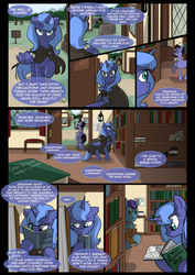 Size: 1240x1754 | Tagged: safe, artist:lunarcakez, princess luna, oc, earth pony, pigeon, pony, comic:the origins of hollow shades, g4, book, cloak, clothes, comic, library, mouth hold, s1 luna