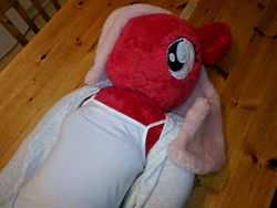 Size: 4160x3120 | Tagged: safe, artist:pixie panda plush, derpibooru exclusive, oc, oc only, oc:downvote, earth pony, pony, semi-anthro, derpibooru, anthro plushie, camisole, clothes, derpibooru ponified, downvote, female, hoodie, irl, meta, photo, plushie, ponified, solo, tank top