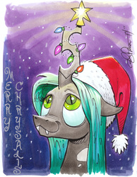 Size: 10216x13165 | Tagged: safe, artist:andypriceart, queen chrysalis, changeling, changeling queen, g4, :3, absurd file size, absurd resolution, christmas, christmas changeling, christmas lights, cute, cutealis, female, gold star, hat, holiday, looking up, merry christmas, merry chrysalis, queen christmas, santa hat, scanned, solo, too big for derpibooru, traditional art