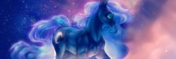 Size: 1973x661 | Tagged: safe, artist:rrusha, princess luna, horse, pony, g4, female, mare, missing horn, muscles, solo, stars, wingless
