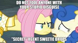 Size: 888x499 | Tagged: safe, edit, edited screencap, screencap, blueberry curls, fluttershy, fake it 'til you make it, g4, alternate hairstyle, angry, boop, implied bon bon, meme, noseboop, scrunchy face, warrior of inner strength, warriorshy