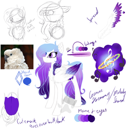 Size: 1000x1000 | Tagged: safe, artist:royalwolf1111, oc, oc only, oc:cosmic harmony, oc:melody shard, cockatoo, pegasus, pony, chest fluff, colored wings, colored wingtips, cutie mark, ear fluff, feather, female, gem, gradient mane, mare, purple eyes, reference sheet, simple background, spread wings, wings