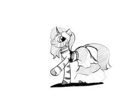 Size: 1280x989 | Tagged: safe, artist:warskunk, oc, oc only, oc:forest glade, pony, zebra, zebracorn, choker, clothes, collar, crossdressing, curved horn, cute, dress, ear piercing, earring, femboy, grayscale, horn, jewelry, looking at you, male, monochrome, piercing, raised hoof, simple background, smiling, solo, white background, zebra oc