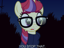 Size: 2400x1776 | Tagged: safe, artist:badumsquish, derpibooru exclusive, moondancer, pony, unicorn, g4, clothes, crossover, female, glasses, hair bun, looking away, meme, night, reaction image, scooby-doo!, show accurate, solo, stop, sweater, velma dinkley, you stop that