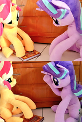 Size: 1024x1528 | Tagged: safe, artist:nekokevin, starlight glimmer, sunset shimmer, pony, unicorn, g4, book, cute, duo, female, glimmerbetes, irl, looking at each other, looking down, mare, photo, plushie, pointing, raised hoof, scene interpretation, shimmerbetes, sitting, smiling, underhoof