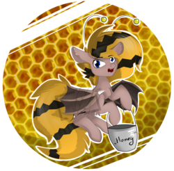 Size: 1422x1400 | Tagged: safe, artist:notmywing, oc, oc:rii, bat pony, bee, pony, animal costume, bat pony oc, bee costume, bucket, clothes, costume, simple background, solo, transparent background, watermark