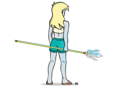Size: 2893x2039 | Tagged: safe, artist:pony4koma, derpy hooves, equestria girls, g4, clothes, derpy's beach shorts swimsuit, epic derpy, feet, female, flip-flops, high res, magic, poseidon, saint seiya, sandals, simple background, solo, swimsuit, transparent background, trident