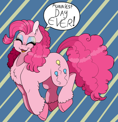 Size: 669x691 | Tagged: safe, artist:69beas, pinkie pie, earth pony, pony, g4, abstract background, chest fluff, colored hooves, cute, dialogue, digital art, eyes closed, female, fluffy, happy, hoof fluff, jumping, mare, open mouth, simple background, smiling, solo