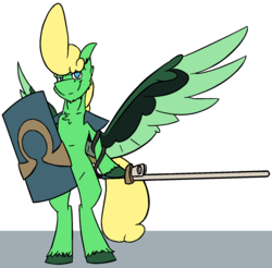 Size: 1643x1615 | Tagged: safe, artist:omegapex, oc, oc only, oc:omega, pegasus, pony, blue eyes, shield, solo, weapon, wings, yellow hair