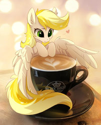 Size: 888x1100 | Tagged: safe, artist:tomatocoup, oc, oc only, oc:dandelion blossom, pegasus, pony, blonde, blonde hair, cappuccino, coffee, cream art, cute, female, irl, micro, ocbetes, photo, ponies in real life, smiling, solo, spread wings, tiny, tiny ponies, wings