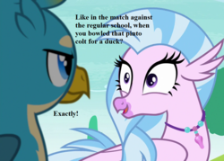 Size: 1008x720 | Tagged: safe, edit, edited screencap, editor:korora, screencap, gallus, silverstream, griffon, hippogriff, g4, school daze, cricket, cropped, jewelry, necklace, sports, text