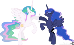 Size: 10820x6620 | Tagged: safe, artist:90sigma, edit, editor:slayerbvc, vector edit, princess celestia, princess luna, alicorn, pony, g4, absurd resolution, accessory-less edit, bare hooves, female, happy, hoofbump, mare, rearing, royal sisters, simple background, sisters, transparent background, vector
