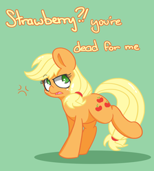 Size: 1682x1881 | Tagged: safe, artist:lou, applejack, earth pony, pony, g4, angry, apple, dishonorapple, female, food, green background, no pupils, simple background, solo, strawberry, that pony sure does hate strawberries