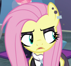 Size: 711x658 | Tagged: safe, screencap, fluttershy, pegasus, pony, fake it 'til you make it, aside glance, cropped, ear piercing, earring, eyeshadow, female, fluttergoth, jewelry, lidded eyes, makeup, mare, open mouth, piercing, solo