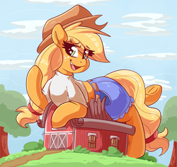 Size: 3500x3306 | Tagged: safe, artist:graphene, applejack, earth pony, pony, g4, applejack's hat, belt, big-apple-pony, clothes, cowboy hat, cute, denim skirt, female, freckles, giant pony, hat, high res, looking at you, macro, mare, shirt, skirt, stetson