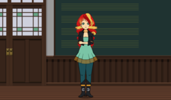 Size: 796x464 | Tagged: safe, artist:00raisergundam, sunset shimmer, human, equestria girls, g4, my little pony equestria girls: friendship games, blue jeans, boots, clothes, dress, female, humanized, jacket, jeans, kisekae, pants, shoes, solo