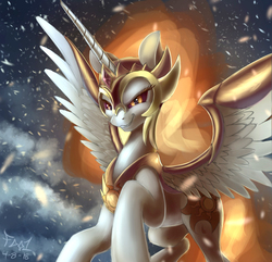 Size: 2800x2700 | Tagged: safe, artist:foughtdragon01, edit, editor:aurelleah, daybreaker, alicorn, pony, g4, armor, awesome, epic, female, fire, helmet, high res, looking at you, mare, smiling, smirk, solo