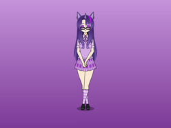 Size: 800x600 | Tagged: safe, artist:supersapphires24, twilight sparkle, human, g4, alternate hairstyle, clothes, eared humanization, female, glasses, horn, horned humanization, humanized, kisekae, necktie, pleated skirt, purple background, shoes, simple background, skirt, socks, solo, striped socks