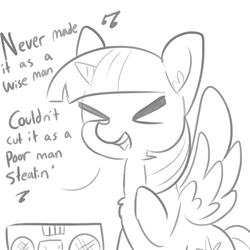Size: 1650x1650 | Tagged: safe, artist:tjpones, twilight sparkle, alicorn, pony, g4, chest fluff, dialogue, ear fluff, eyes closed, female, grayscale, how you remind me, mare, monochrome, music notes, nickelback, raised hoof, simple background, singing, solo, song reference, twilight sparkle (alicorn), white background