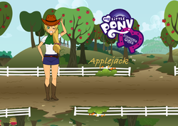Size: 1200x850 | Tagged: safe, artist:galaxylife567, applejack, human, equestria girls, g4, apple tree, belt, boots, clothes, cowboy hat, cute, denim skirt, female, fence, freckles, hat, high heel boots, kisekae, legs, miniskirt, moe, one eye closed, pony coloring, shoes, skirt, solo, stetson, sweet apple acres, tree, wink