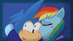 Size: 1280x720 | Tagged: safe, artist:lordkazuto, rainbow dash, anthro, g4, blush sticker, blushing, cheek kiss, crossover, female, interspecies, kissing, male, shipping, sonic the hedgehog, sonic the hedgehog (series), sonicdash, straight