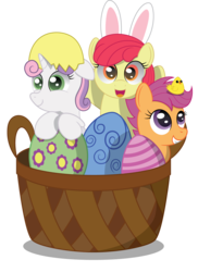 Size: 1142x1567 | Tagged: safe, artist:spellboundcanvas, apple bloom, scootaloo, sweetie belle, chicken, g4, adorabloom, basket, bunny ears, cute, cutealoo, cutie mark crusaders, diasweetes, easter, easter egg, egg, holiday, scootachicken, simple background, transparent background