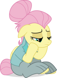 Size: 5577x7578 | Tagged: safe, artist:shutterflyeqd, fluttershy, pegasus, pony, fake it 'til you make it, g4, absurd resolution, alternate hairstyle, clothes, female, hair bun, head in hooves, mare, pants, sad, severeshy, simple background, sitting, solo, tail bun, transparent background, vector