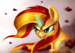 Size: 1754x1240 | Tagged: safe, artist:jeki, sunset shimmer, pony, unicorn, g4, female, glowing horn, horn, magic, smiling, solo