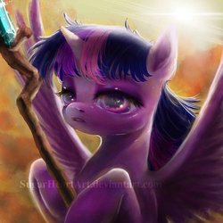 Size: 900x900 | Tagged: safe, artist:sugarheartart, twilight sparkle, alicorn, pony, g4, my little pony: the movie, female, scene interpretation, solo, spread wings, staff, staff of sacanas, twilight sparkle (alicorn), watermark, wings