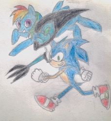 Size: 1664x1824 | Tagged: safe, artist:veltyoung, rainbow dash, g4, ben 10, crossover, male, sonic the hedgehog, sonic the hedgehog (series), traditional art, xlr8