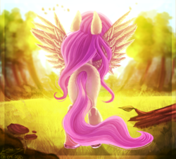 Size: 1600x1455 | Tagged: safe, artist:sakishithewolf, fluttershy, pony, g4, butt, female, forest, plot, rear view, signature, solo, spread wings, wings