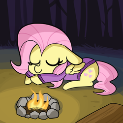 Size: 3300x3300 | Tagged: safe, artist:tjpones, fluttershy, pegasus, pony, g4, bottomless, campfire, clothes, commission, cute, eyes closed, female, forest, high res, log, mare, night, partial nudity, shyabetes, sleeping, solo, sweater, sweatershy, tree, wings