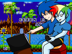 Size: 640x480 | Tagged: safe, artist:soul-yagami64, rainbow dash, human, equestria girls, g4, crossover, green hill zone, humanized, male, platformer, sonic the hedgehog, sonic the hedgehog (series), television, tree, water