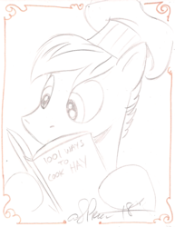 Size: 845x1094 | Tagged: safe, artist:andy price, oc, oc only, oc:victus, pony, book, bust, cookbook, grayscale, monochrome, reading, solo, toque, traditional art