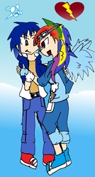 Size: 600x1116 | Tagged: safe, artist:soni8888, rainbow dash, human, g4, crossover, female, goggles, humanized, interspecies, male, shipping, sonic the hedgehog, sonic the hedgehog (series), sonicdash, straight, winged humanization, wings