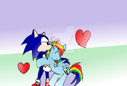 Size: 900x617 | Tagged: safe, artist:soni8888, rainbow dash, g4, background pony strikes again, crossover, dude not funny, female, heart, interspecies, male, op is a duck, shipping, sonic the hedgehog, sonic the hedgehog (series), sonicdash, straight, watermark