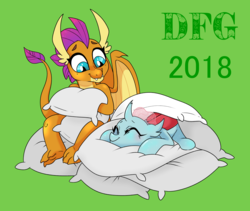 Size: 2407x2036 | Tagged: safe, artist:dragonfoxgirl, ocellus, smolder, changedling, changeling, dragon, g4, school daze, blushing, cute, diaocelles, dragoness, duo, eyes closed, female, green background, high res, pillow, simple background, smolderbetes, that changeling sure does love pillows